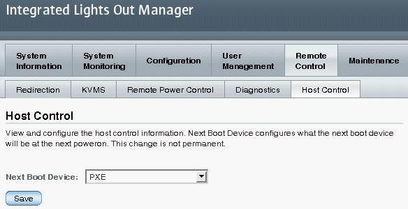 3. In the Host Control page, click the Next Boot Device list box and specify a boot device option.