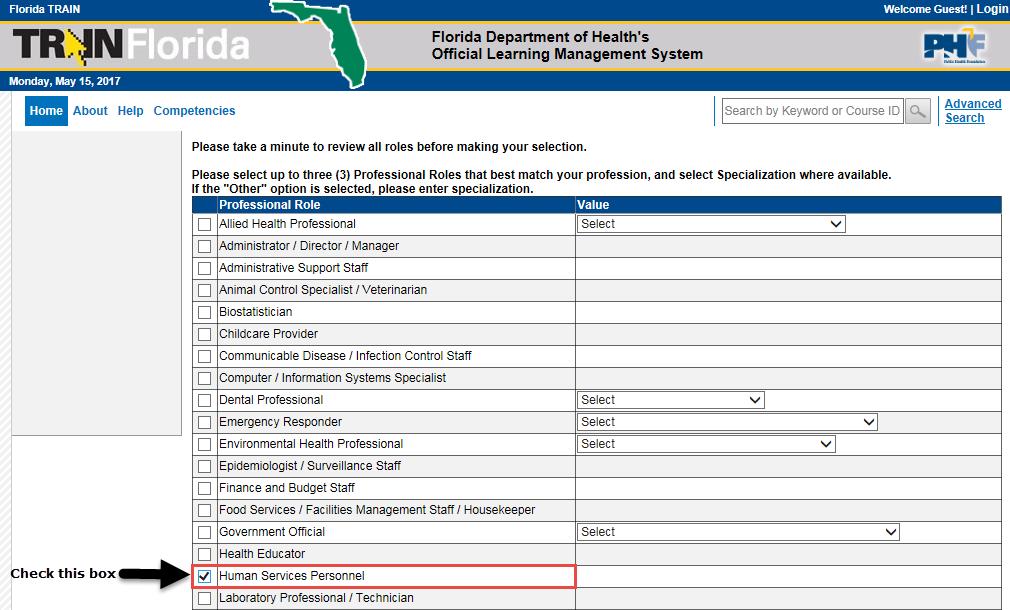 Section 4 How to add your Profile This section allows you to add your Professional Role, Work Settings, and Demographic Information in your TRAIN Florida account.