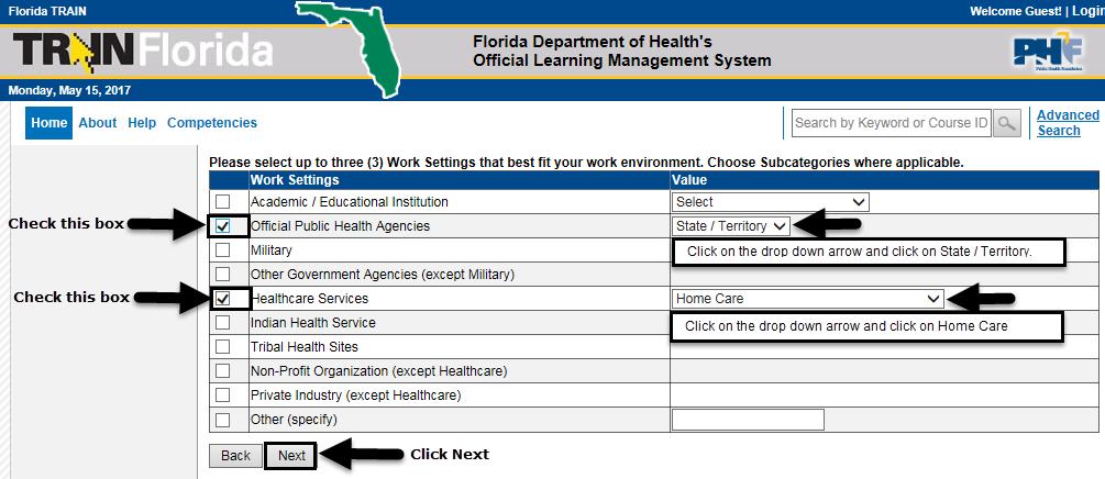 Step 3 You should be on the Work Settings page. The Work Setting screen lists workplace descriptions. Image 13 Step 4 Check the box next to the Official Public Health Agencies.