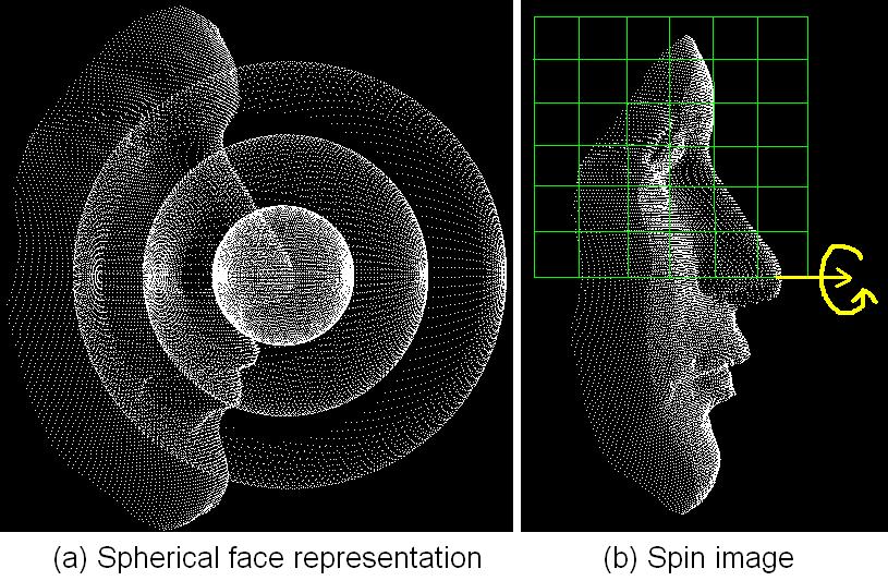Figure 9. Illustration of the (a) SFR and (b) spin image representation. Figure 11. Top: Sample 3D faces. Center: Variance of the 3D faces with expressions.