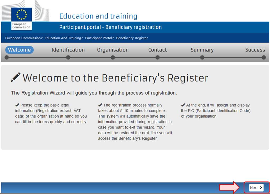 Click on "Next". A new window tab opens displaying a Welcome message and brief explanation of the registration process.