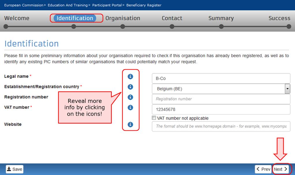 Fill in the organisation's "Identification" details and click on "Next".