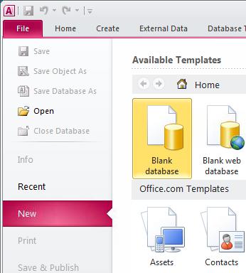 Select Access 2010: The Access 2010 screen will open in the New tab of the File menu.