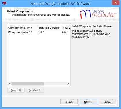 Wings modular maintenance 31 31 Update components Select update components in maintanance dialog and press Next, as you can see on the following figure you can review the program components that will