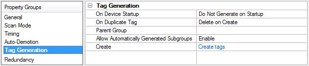 13 On Device Startup This property specifies when OPC tags are automatically generated.