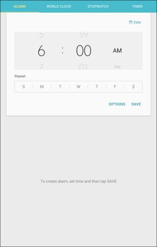 Set Alarms Set multiple alarms using your tablet s Clock app. 1. From home, tap Apps > Samsung > Clock > Alarm. 2.