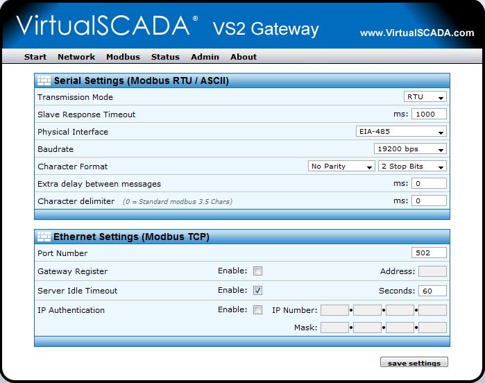 3.1.3 Modbus Configuration If you press the Modbus link you will be presented with the following screen: Serial Settings (Modbus RTU) Slave Response Timeout: (Default 200 ms) Physical Interface: