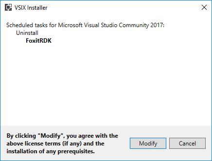 Note: If you already have a version of Foxit PDF SDK for UWP installed, you might get an error message stating "This extension is already installed to all applicable products.