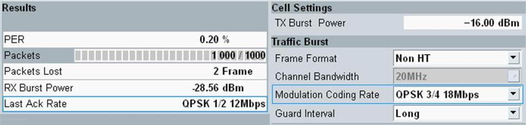 TX (DUT) Tests with Packet Data Modulation Coding Rate in the PER view 2. Select the "Modulation Coding Rate" expected for the transmitted MAC data frames (Fig. 4-12:). Fig.