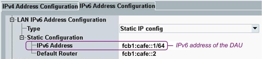 7-7: End-to-end configuration at the DAU Controller: IPv6 routing Subnet PC - CMW On the PC at the CMW side As an example for configuration tasks on the PC at the CMW side a step-by-step procedure is