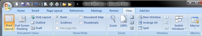 View tab The View tab provides commands to switch between different document views, show or hides features, and view multiple documents at the same time View tab Groups Document Views Provides 5