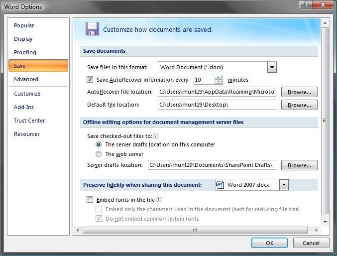 Save Button Use the Save tab to choose how documents are saved and the default file save location.