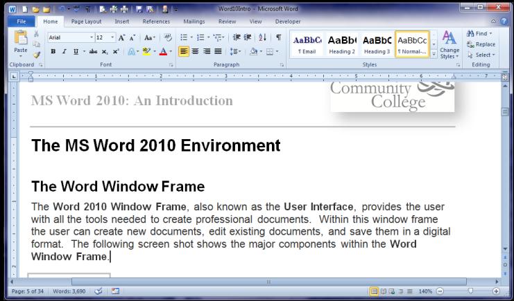 The following screen shot shows the major components within the Word Window Frame.