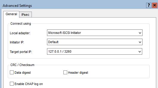 61. Select Microsoft iscsi Initiator in the Local adapter dropdown menu. Select 127.0.0.1 for the Target portal IP. Confirm your actions. 62.