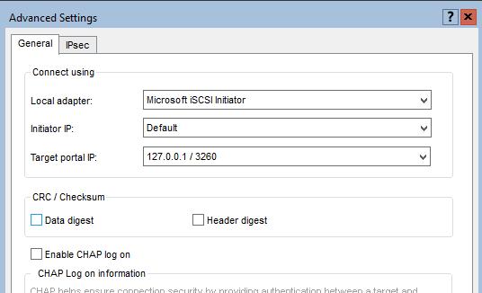 63. In Advanced settings, select Microsoft iscsi Initiator in the Local adapter dropdown menu. Set 127.0.0.1 for the Target portal IP. Confirm your actions.