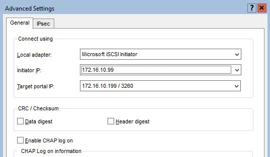65. In Advanced settings, select Microsoft iscsi Initiator in the Local Adapter dropdown menu.