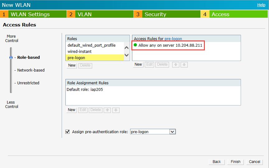 13. Select the Assign pre-authentication role check box and then select pre-logon from the