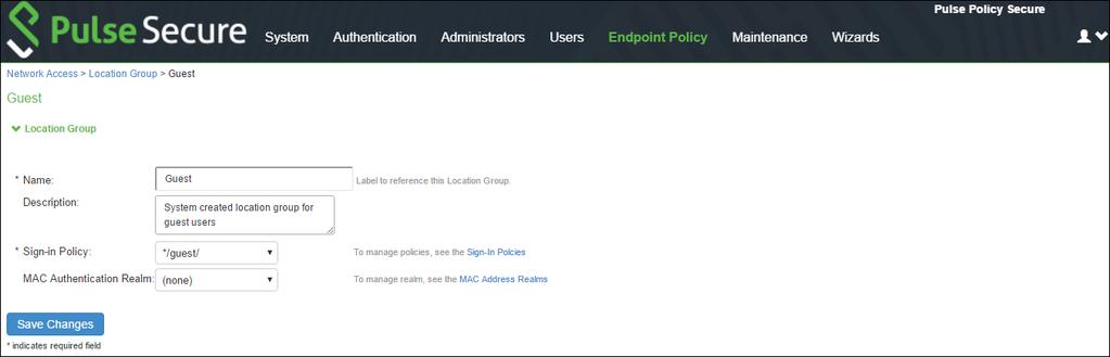 Select Endpoint Policy > Network Access > Location Group. The Location Group screen appears.