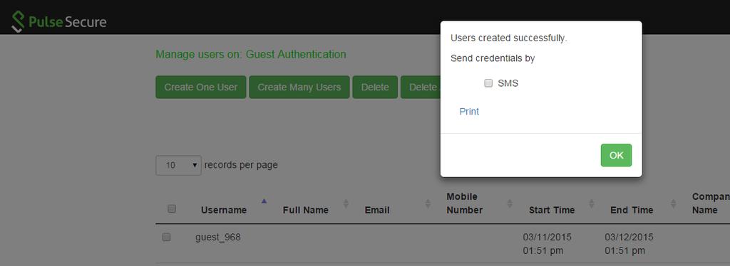 Table 4: Create Many Users Page - Field Descriptions Settings Guidelines Username Specify the prefix to be used for the multiple accounts you are creating. Full Name Enter the full name of the guest.