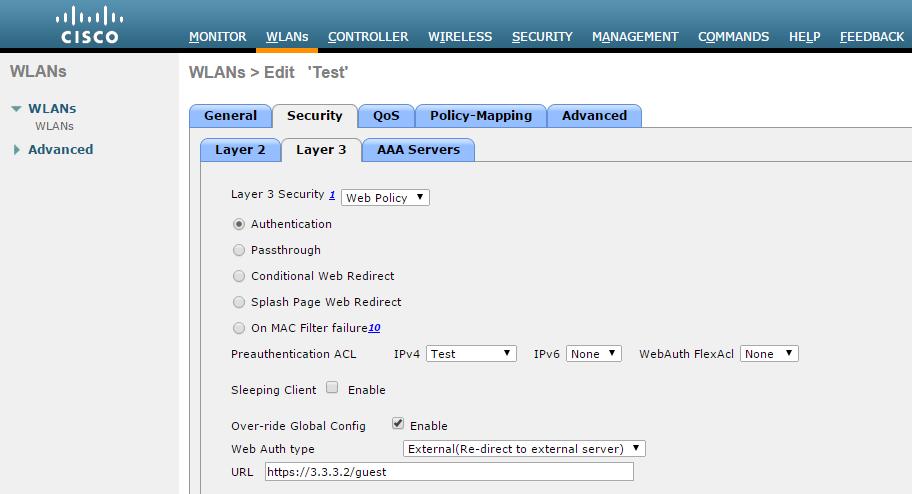 4. Select Security > Layer3 in WLANs tab. From the Layer 3 security drop-down list select 'Web Policy'. For Preauthentication ACL, associate the ACL that is created earlier for IPv4.
