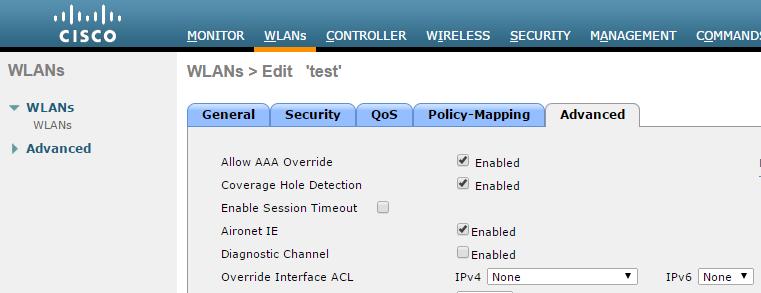 7. Select Advanced tab and enable Allow AAA Override checkbox.