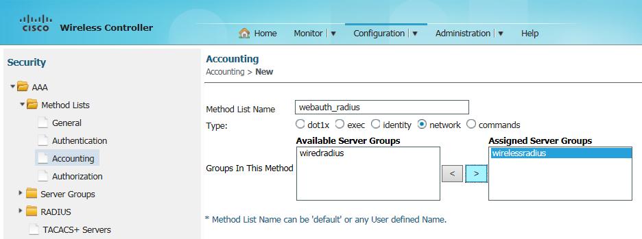 16. Enter the details in the fields as follows: In the Method List Name field enter webauth_radius. For Type, select network.