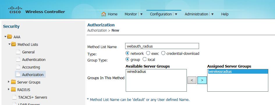 20. Enter the details in the fields as follows: In the Method List Name field enter webauth_radius. For Type, select network. For Group Type select group.