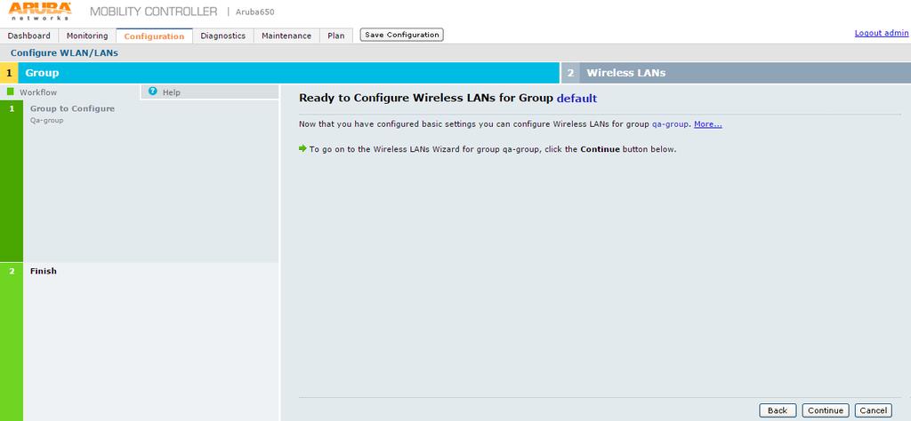 Next. The Ready to Configure Wireless LANs for Group screen appears.