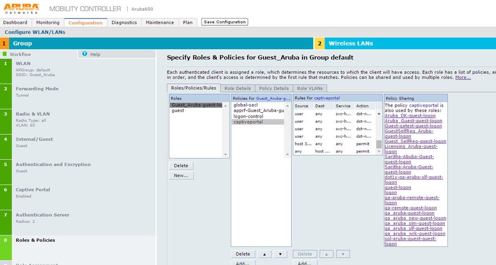 14. On Specify Roles & Policies for Guest_Aruba in Group default screen, configure the roles and click Next.
