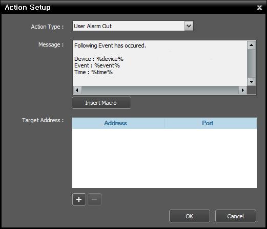 inex Standard User Alarm Out: Select to send text strings to a device connected to the inex system via TCP networking when an event is detected based on the event condition setting.