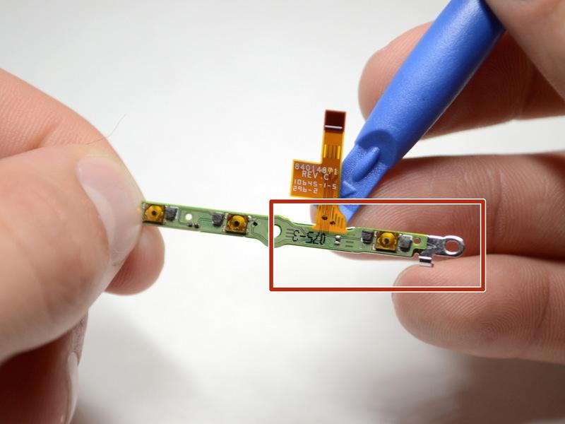 Step 16 Using tweezers, remove the power/volume button flex cable. Remove the flex cable from the metal bracket using a plastic opening tool.