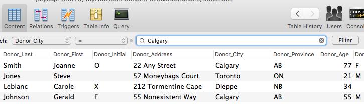 set. Here a filter has been entered to see only records that have Calgary in the Donor_City field.