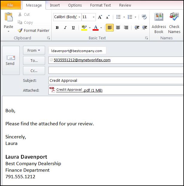 Overview Figure 2: Example of Received Fax with Attachment Sending a Fax You may send a fax by e-mailing it as an attachment to <destination fax number>@mynetworkfax.com.
