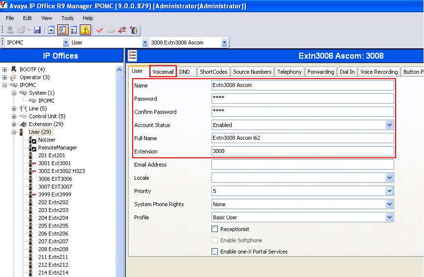 When the User window opens, select the User tab and enter the follow: Name Enter an name for this user, i.e. Extn3008 Ascom Password Enter the Password Confirm Confirm the Password Extension Enter the Extension which was created previously, i.
