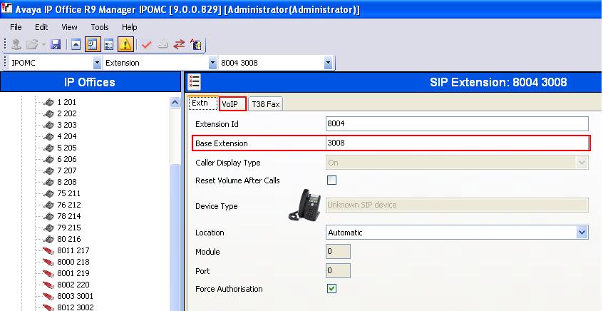 The example below shows the extension 3008, repeat these steps for each i62 Handset extension.