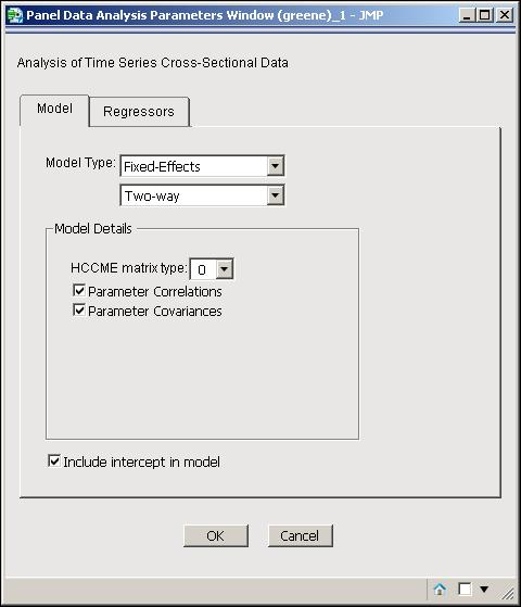 54 Chapter 5: Fit Panel Data Regression Figure 5.4 Example Panel Data Analysis Parameters Dialog Window 2 In the Panel Data Analysis Parameters dialog window, specify an alternative model.