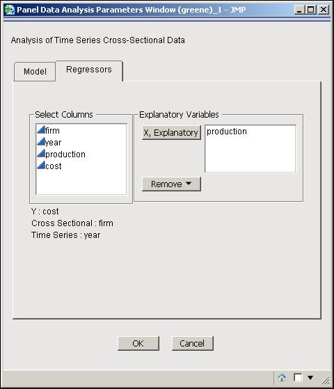 Regressors Tab 57 Figure 5.5 Panel Data Analysis Parameters Window with the Regressors Tab To add a regressor variable to the model: 1 Select the variable in the Select Columns list.
