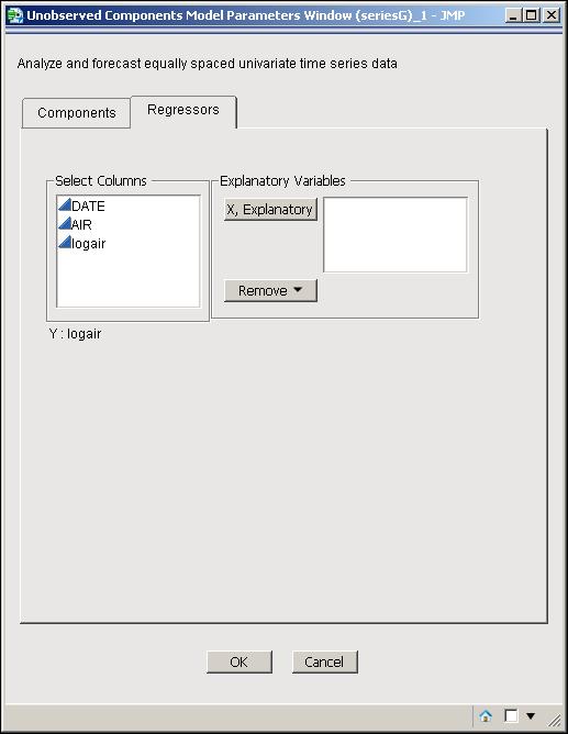 Regressors Tab 77 Figure 6.8 Unobserved Components Model Parameters Window with the Regressor Tab To add a regressor variable to the model: 1 Select the variable in the Select Columns list.