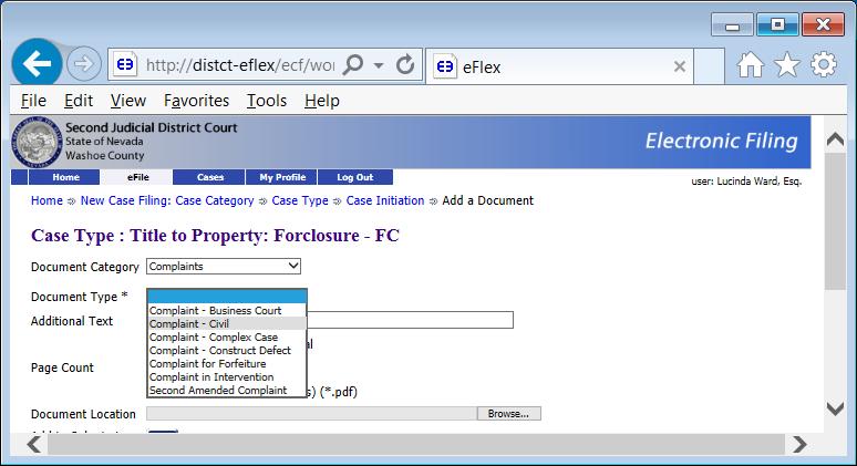 Filer Interface User s Guide - 33 Figure 32: Document Type Drop Down plus Civil Case Type for Business Court Designation Business Court Note: If you selected a Business Court case type in a previous