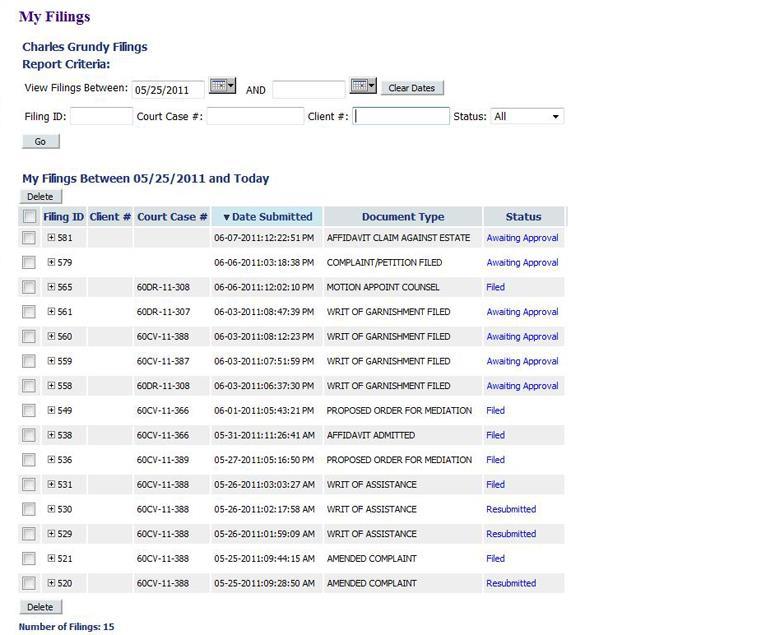 Filer Interface User s Guide - 41 Figure 41: My Filings Page Displays Filings with Links for Additional Information 2.