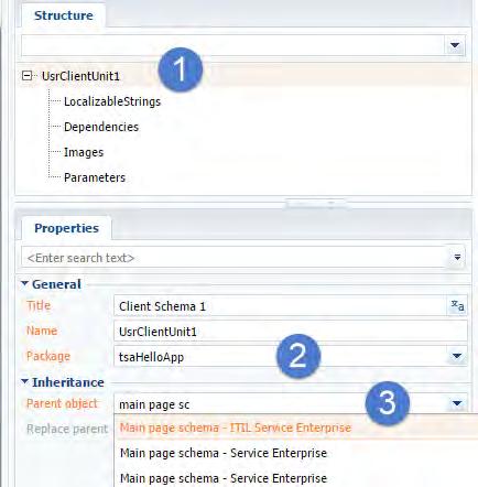 3). Select Main page schema - Sales Enterprise. Fig. 8. Selecting parent schema As a result, a replacing schema for the main page view model will be added to the custom package. 4.