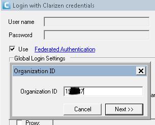 Type the organization number you use (contact your Clarizen account administrator if you don t know it) and
