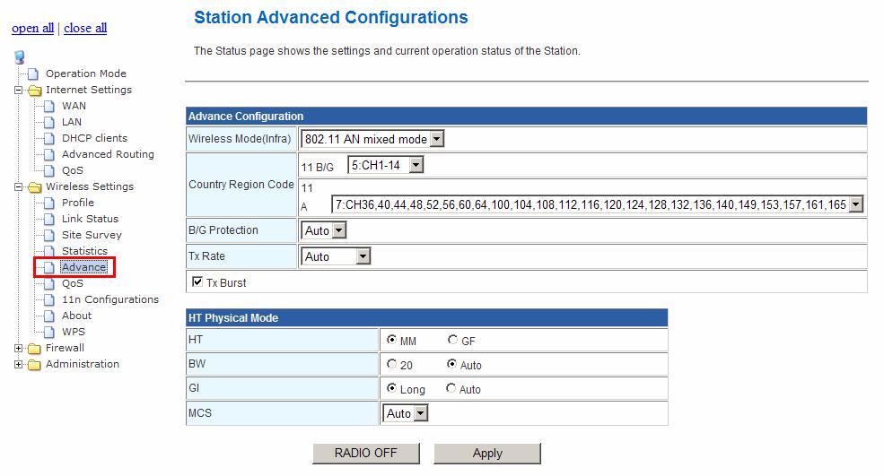 2.2.5. Advance The Station Advanced Configuration page shows the settings and current operation status of the station. Wireless Mode: Select wireless mode. 802.11A Only, 802.