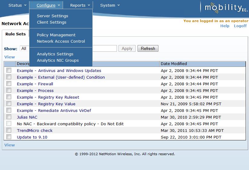 NAC Enforcement Network administrators define rules that are evaluated on each client device, with enforcement occurring at the Mobility server.