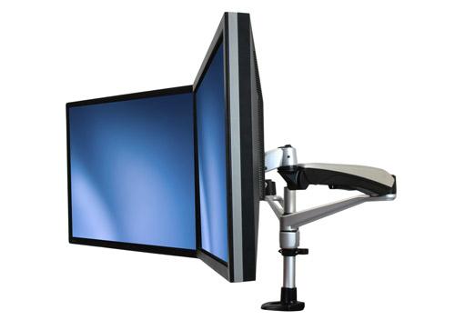 In a side-by-side setup, the dual-monitor mount supports two monitors from 12 to 30.