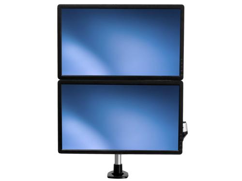 In a stacked setup, the dual-monitor mount supports two monitors, from 12 to 24.