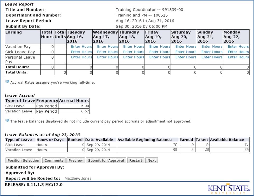 Three tables are shown on the page for: Leave Entry, Leave Accrual, and Leave Balances.