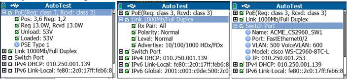 1X authentication, TruePower PoE Testing, displays VLAN & nearest switch model/slot/port