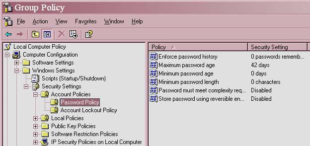 Setting Password Policies Figure 2 - Password Policy Setting Figure 2 shows default Password Policy values you are likely to see when first opening the Group Policy editor.