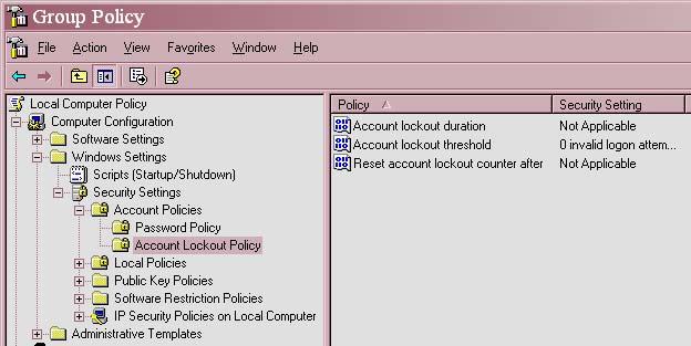 Setting Account Lockout Policies Figure 3 - Account Lockout Policy Settings Figure 3 shows default Account Lockout values you are likely to see when first opening the Group Policy